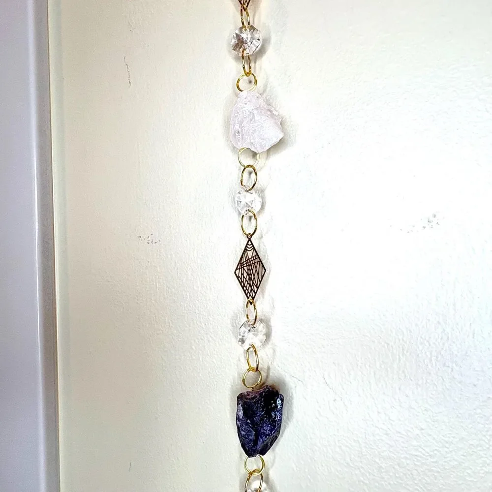 Raw Amethyst, Rose Quartz, Crystal Quartz Gemstone Wall Hanging, Crystal Prism